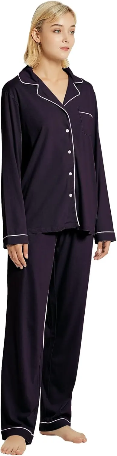 100% Cotton Pajama Set for Women Long Sleeve Womens Sleepwear Button Down NightWear Soft Pj Lounge Sets