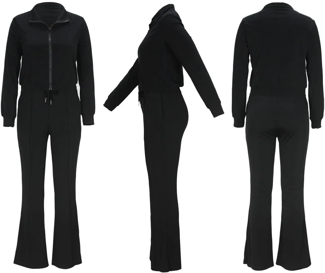 2 Piece Outfits for Women Long Sleeve Zipup Jacket Wide Leg Pants Retro Pure Color Tracksuit Sport Set Wine Red