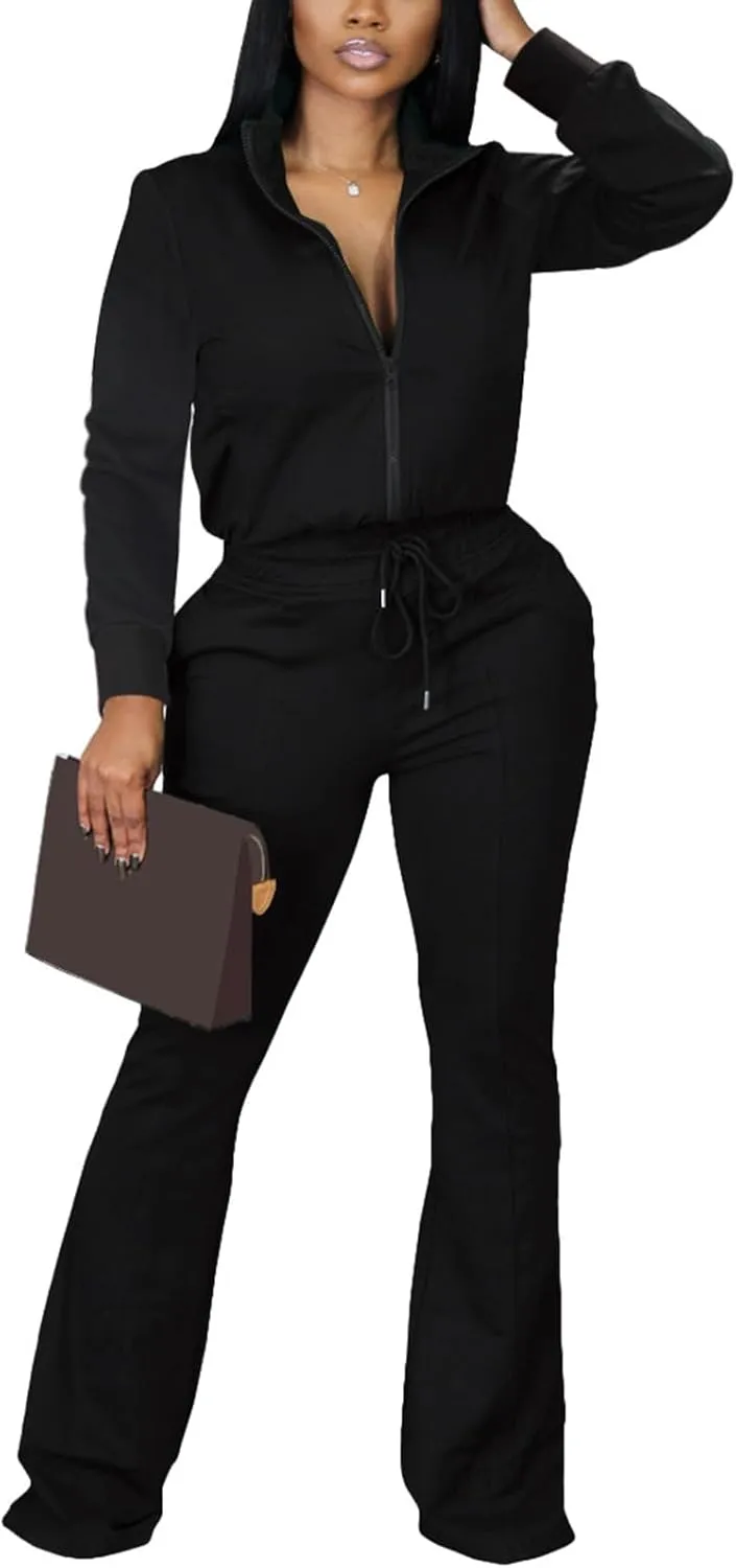 2 Piece Outfits for Women Long Sleeve Zipup Jacket Wide Leg Pants Retro Pure Color Tracksuit Sport Set Wine Red