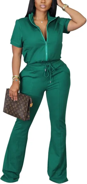 2 Piece Outfits for Women Short Sleeve Zipup Jacket Wide Leg Pants Retro Pure Color Tracksuit Sport Set Wine Red