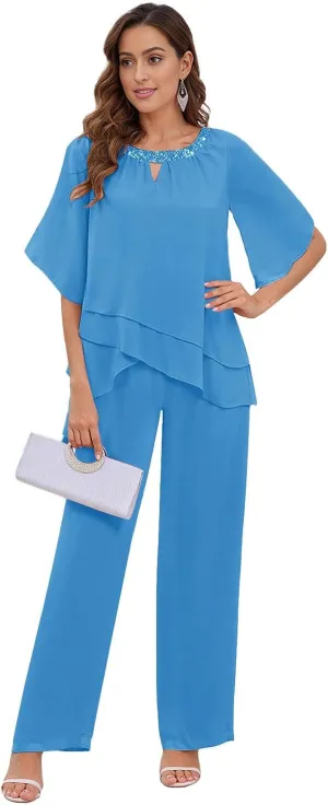 2 Pieces Mother of The Bride Pant Suits for Women Dressy Chiffon Sets Formal Wedding Guest Outfit with Sleeves