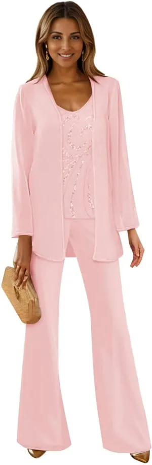 3 Pieces Mother of The Bride Pant Suits for Wedding Long Sleeve Chiffon Pantsuit Formal Wedding Guest Outfit
