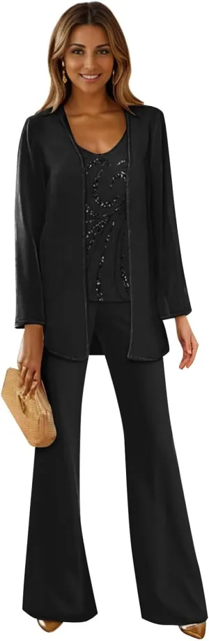 3 Pieces Mother of The Bride Pant Suits for Wedding Long Sleeve Chiffon Pantsuit Formal Wedding Guest Outfit