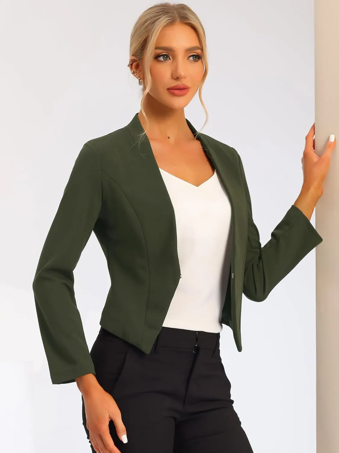 Allegra K Women's Work Office Suit Collarless Casual Cropped Blazer Jacket