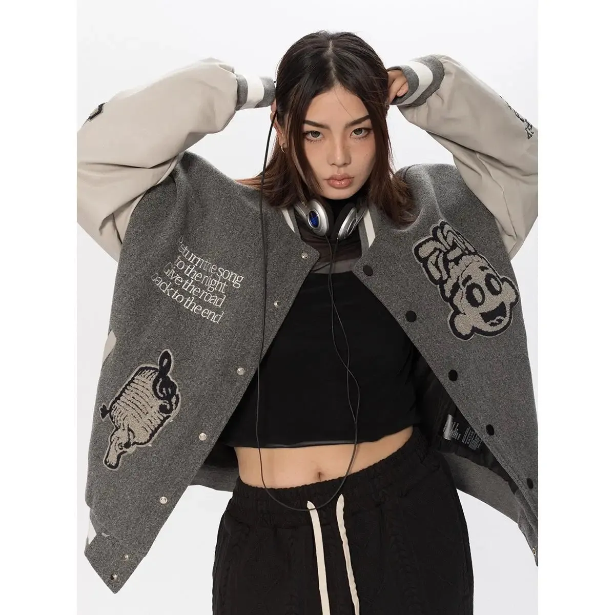 American character avatar pattern towel embroidery stitching trendy jackets for women  street hip hop fashion versatile y2k