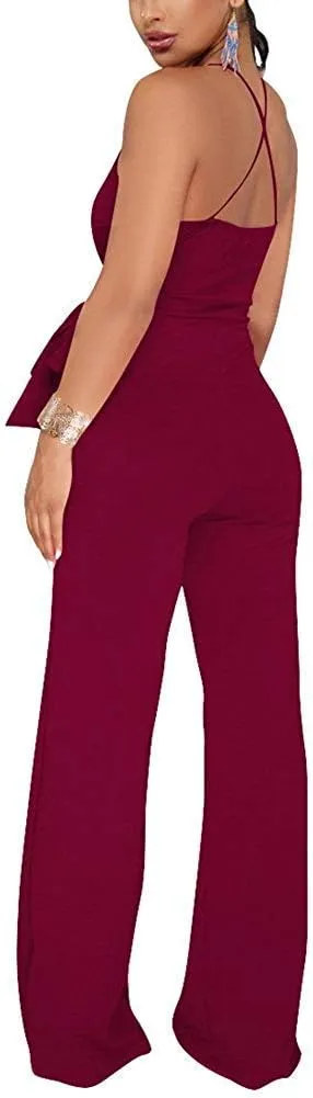 Aro Lora Women's Sexy V Neck Sleeveless Backless Long Wide Leg Pant Jumpsuit Romper