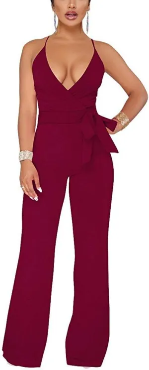 Aro Lora Women's Sexy V Neck Sleeveless Backless Long Wide Leg Pant Jumpsuit Romper