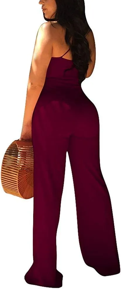 Aro Lora Women's Sexy V Neck Sleeveless Backless Long Wide Leg Pant Jumpsuit Romper
