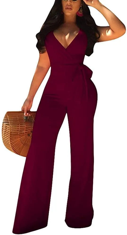 Aro Lora Women's Sexy V Neck Sleeveless Backless Long Wide Leg Pant Jumpsuit Romper