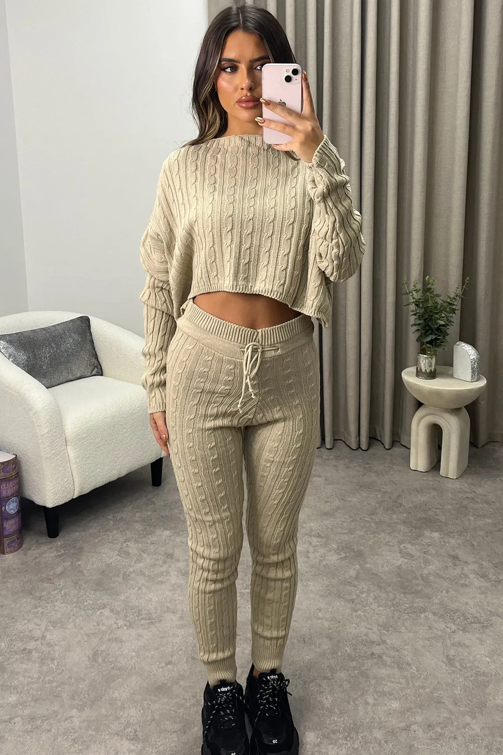 Aspens Beige Cable Knit Batwing Jumper and Leggings Loungewear Set
