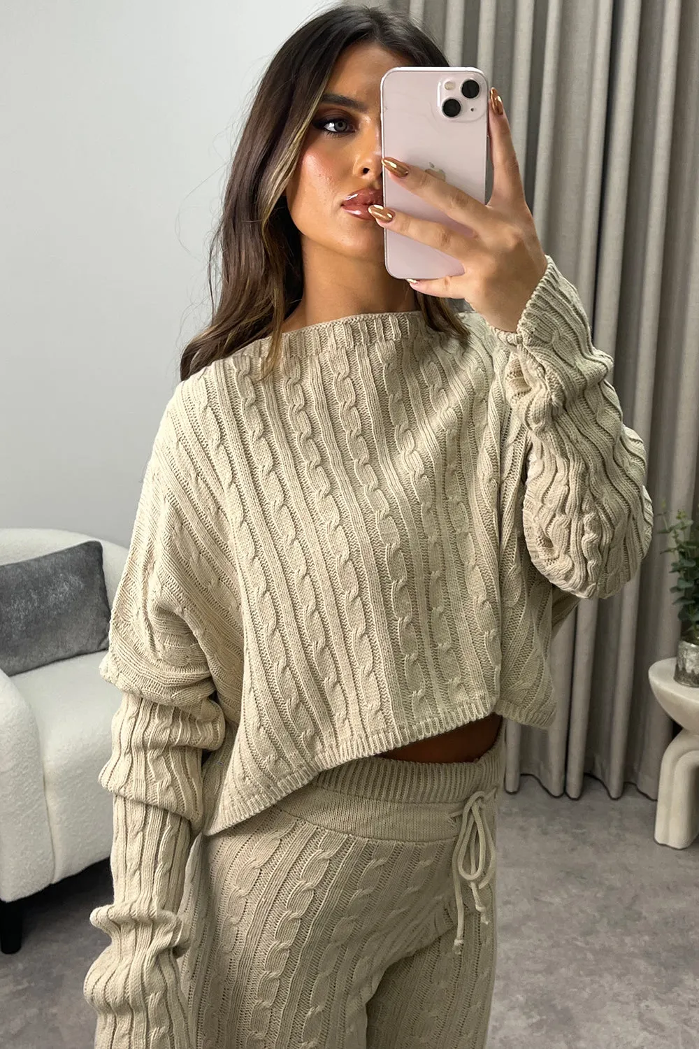 Aspens Beige Cable Knit Batwing Jumper and Leggings Loungewear Set