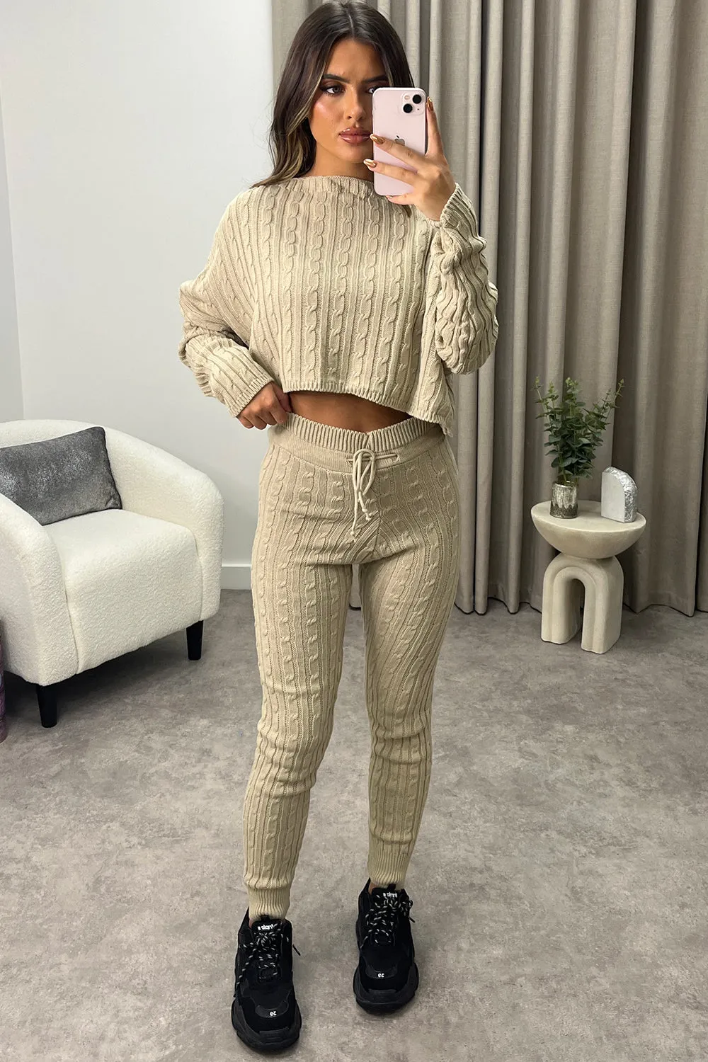 Aspens Beige Cable Knit Batwing Jumper and Leggings Loungewear Set