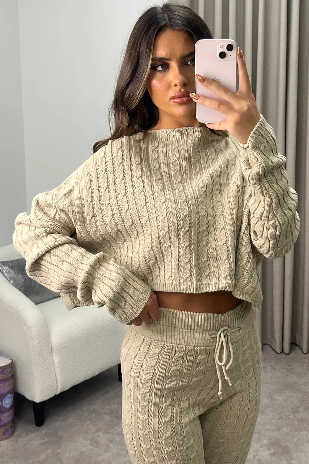 Aspens Beige Cable Knit Batwing Jumper and Leggings Loungewear Set
