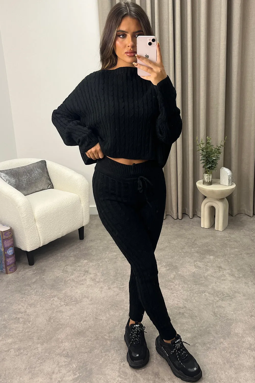 Aspens Black Cable Knit Batwing Jumper and Leggings Loungewear Set
