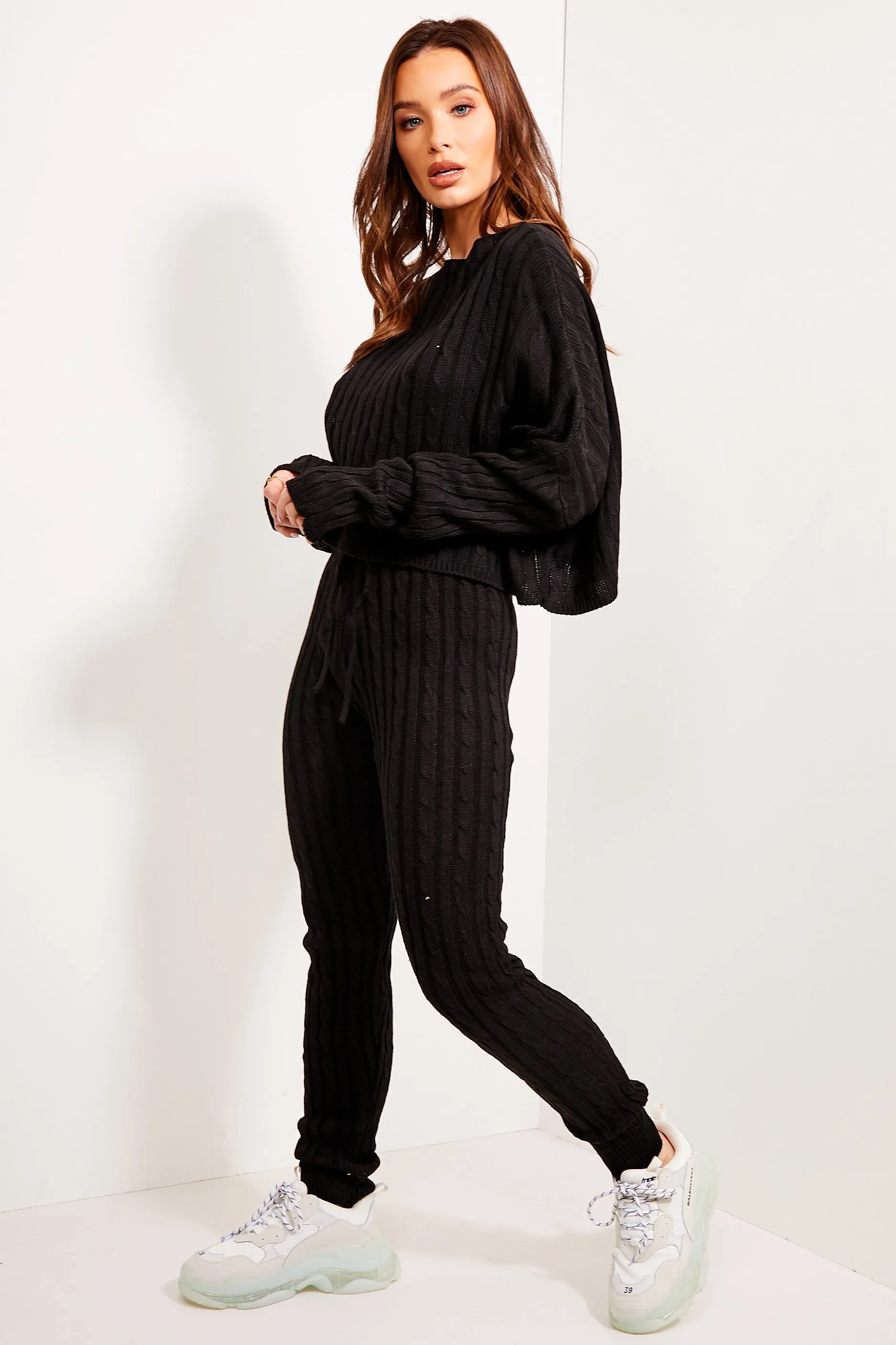 Aspens Black Cable Knit Batwing Jumper and Leggings Loungewear Set