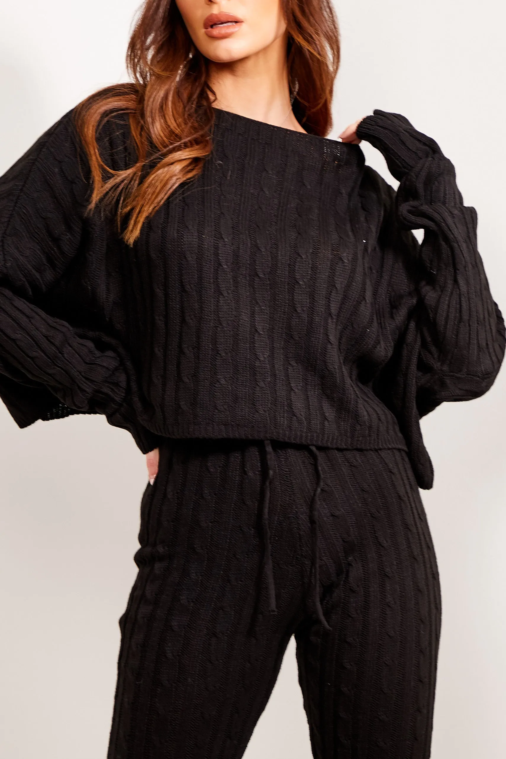 Aspens Black Cable Knit Batwing Jumper and Leggings Loungewear Set