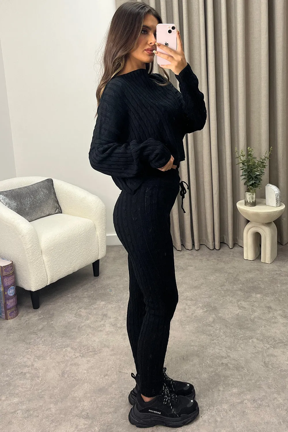 Aspens Black Cable Knit Batwing Jumper and Leggings Loungewear Set
