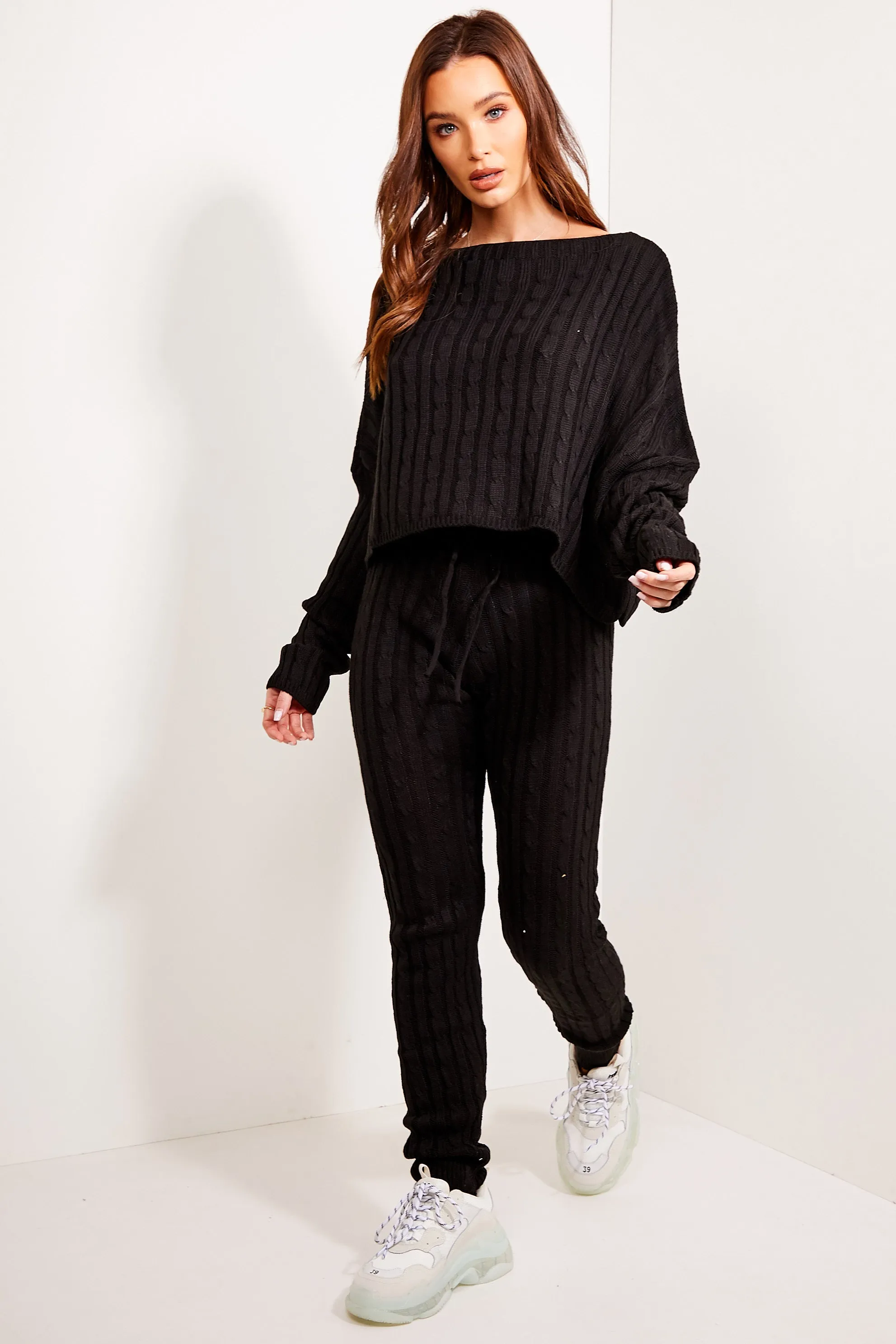 Aspens Black Cable Knit Batwing Jumper and Leggings Loungewear Set