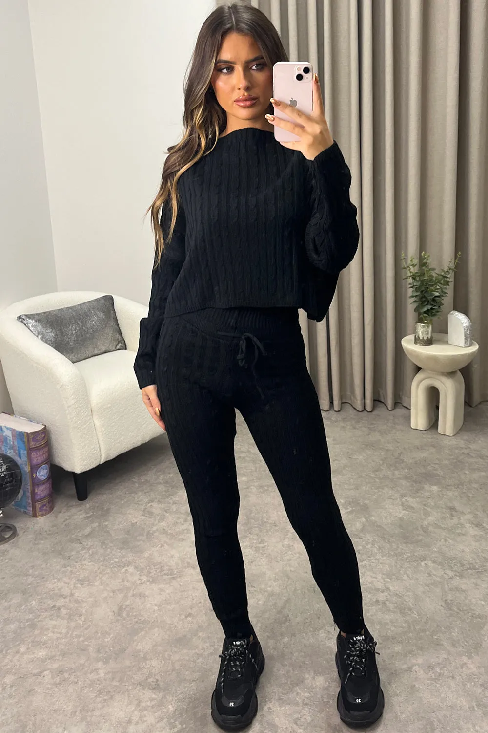 Aspens Black Cable Knit Batwing Jumper and Leggings Loungewear Set