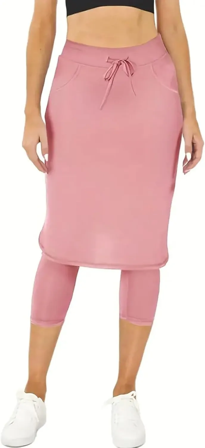 Athletic Skirt with Leggings Tennis Knee Length Yoga High Waisted Drawstring Long Golf Skirted