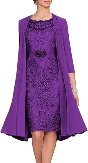 AUPRP Tea Length Mother of The Groom Dresses for Wedding Plus Size 2 Pieces Chiffon Purple Evening Gown with Jacket, US 16w