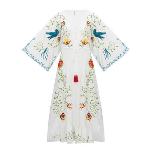 Boho Floral Embroidered Tie-Waist Maxi Dress