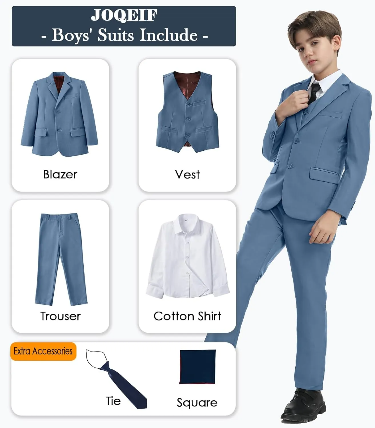 Boys Formal Suit Set with Dress Shirt Tie and Pocket Square, Adjustable Waist