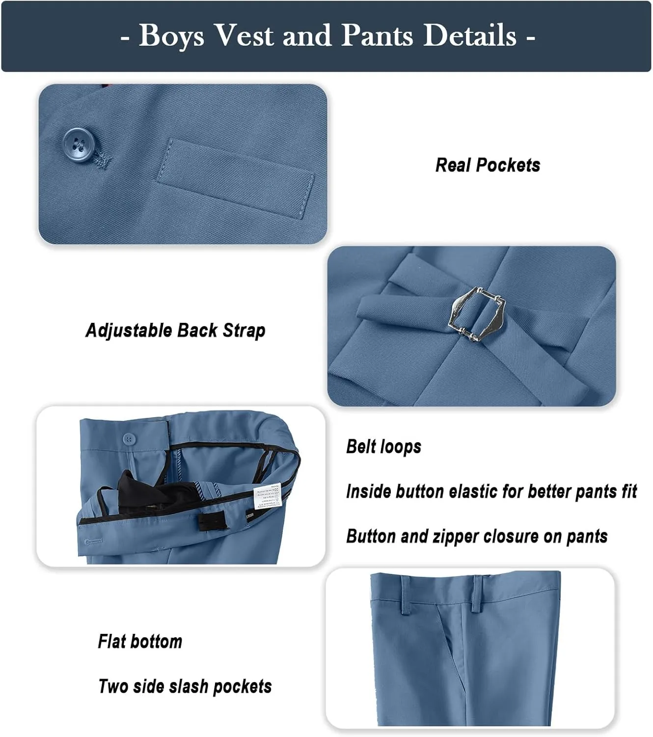 Boys Formal Suit Set with Dress Shirt Tie and Pocket Square, Adjustable Waist