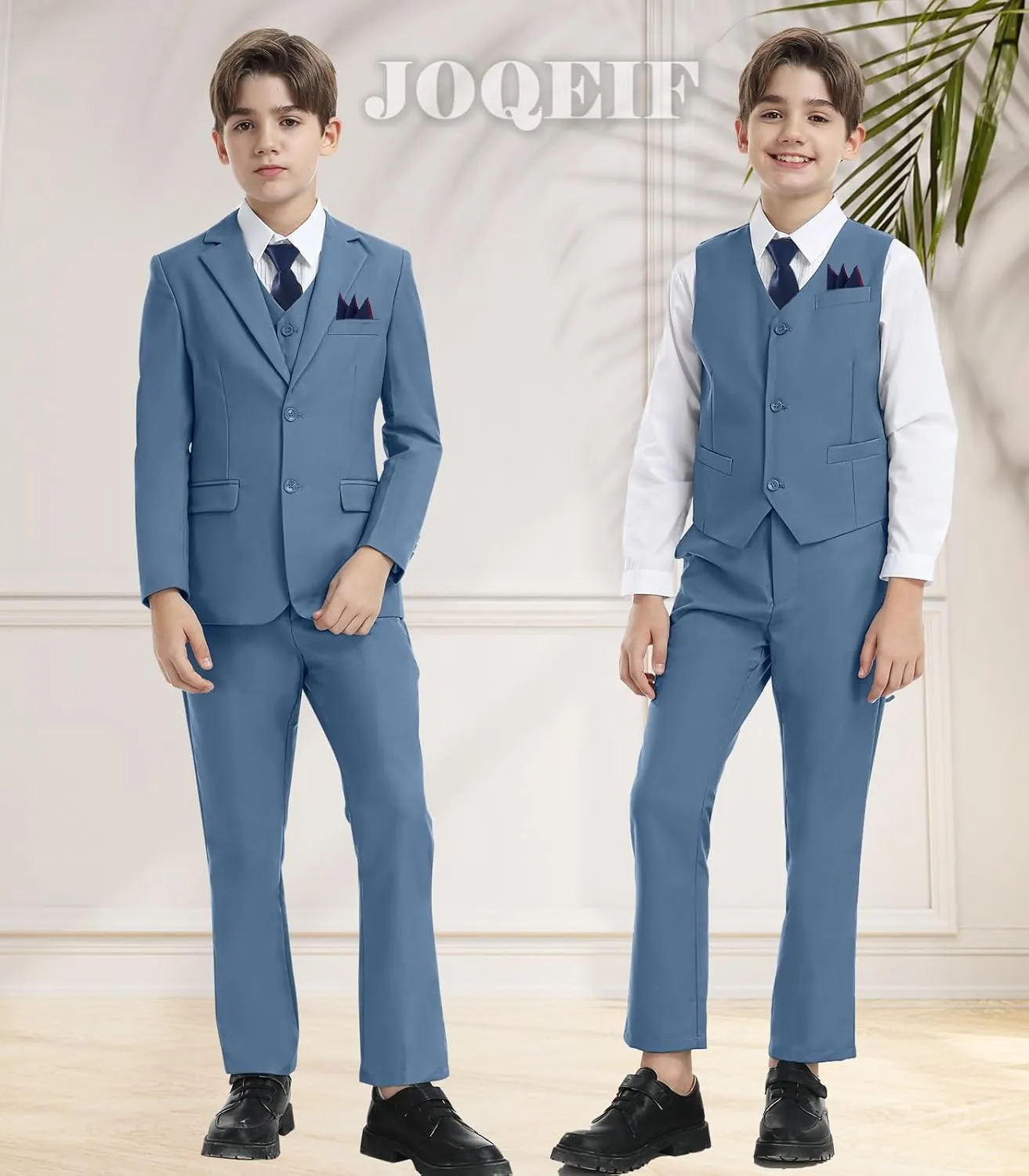 Boys Formal Suit Set with Dress Shirt Tie and Pocket Square, Adjustable Waist