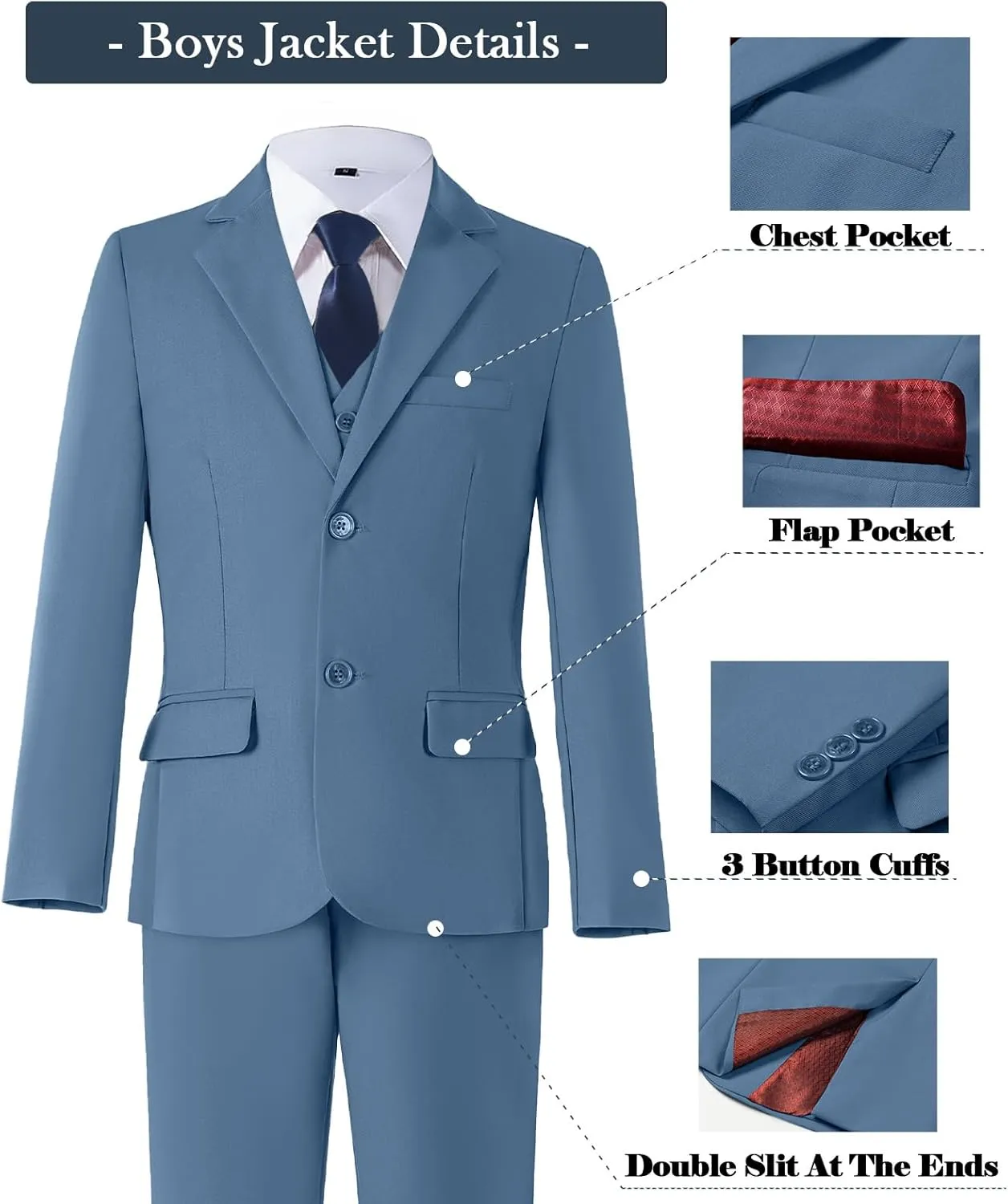 Boys Formal Suit Set with Dress Shirt Tie and Pocket Square, Adjustable Waist