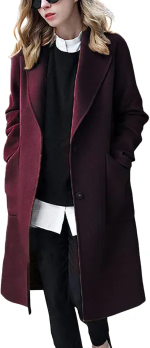 chouyatou Women's Winter Casual Single Breasted Long Wool Coat Formal Office Wool Overcoat