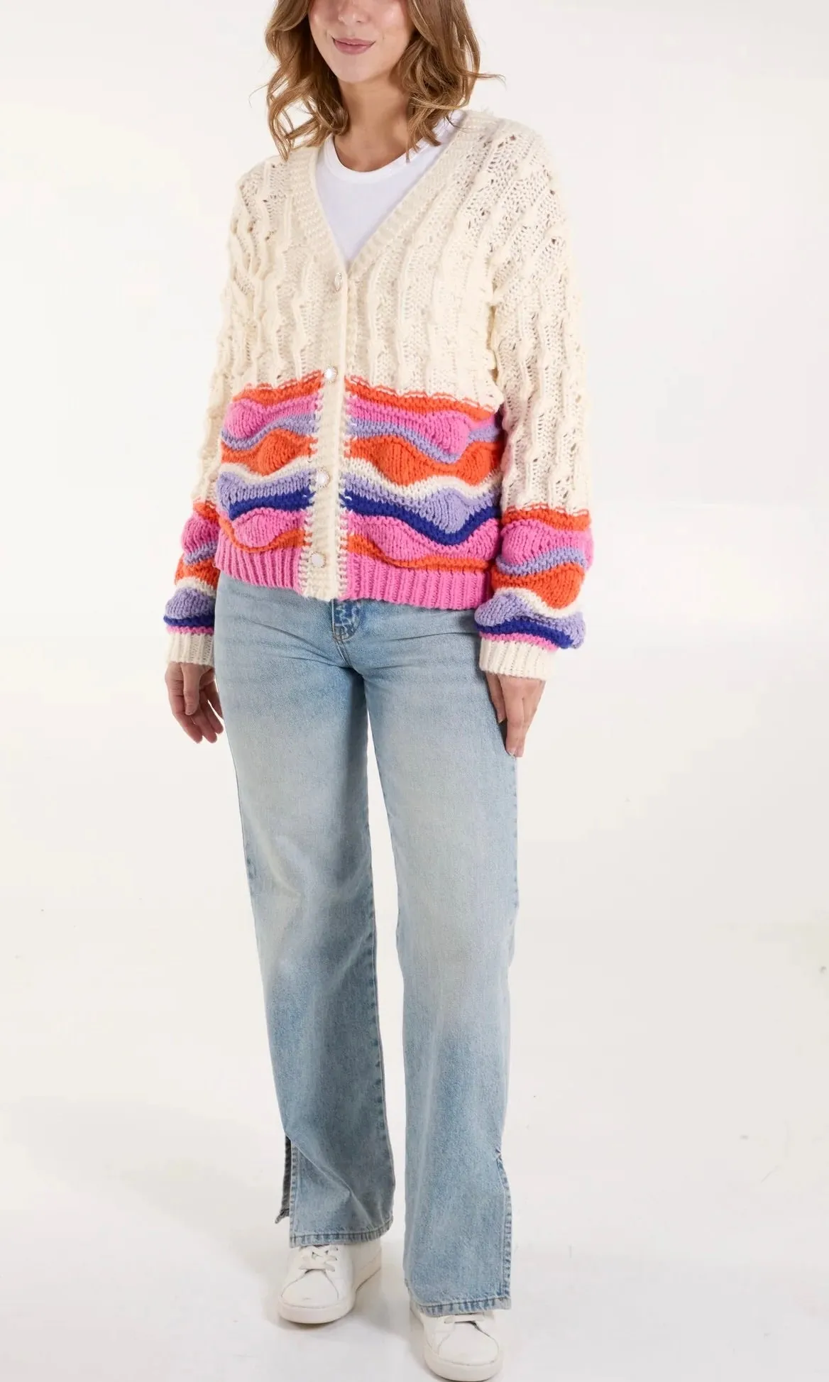 CHUNKY STRIPE CABLE KNIT CARDIGAN