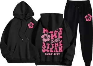 Cute 2 Piece Outfits for Women Teen Girls Preppy Puff Casual Hoodies Pockets Drawstring Pullover Oversized Sweatpants