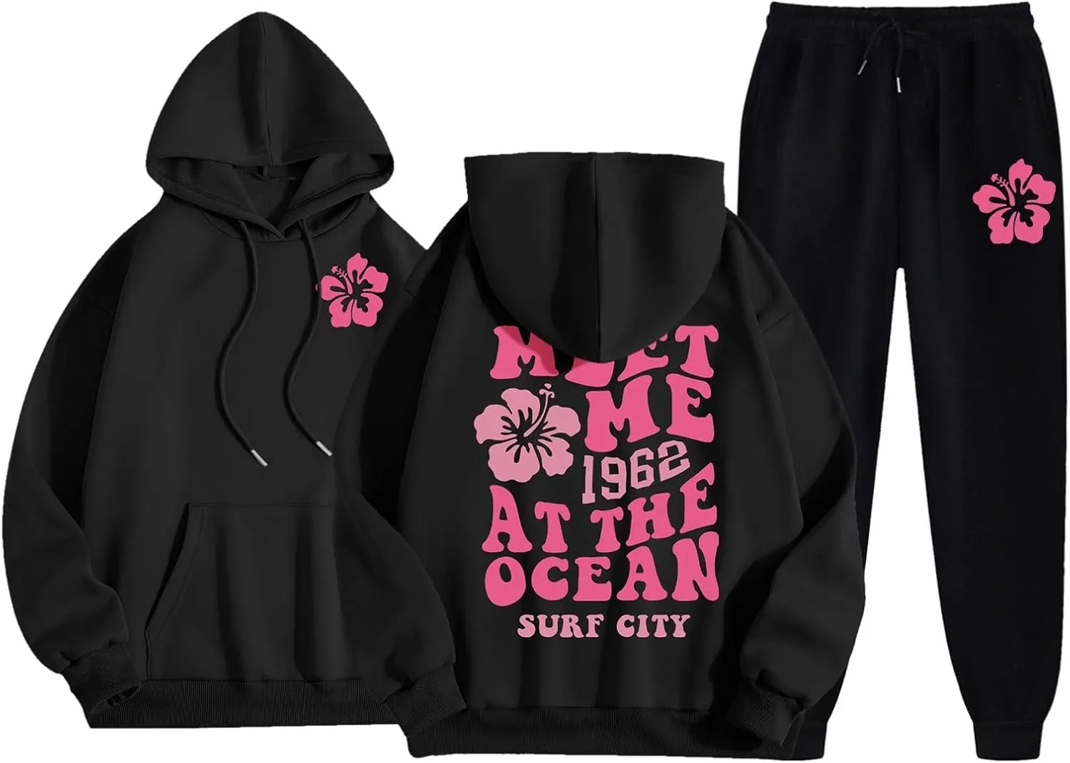 Cute 2 Piece Outfits for Women Teen Girls Preppy Puff Casual Hoodies Pockets Drawstring Pullover Oversized Sweatpants