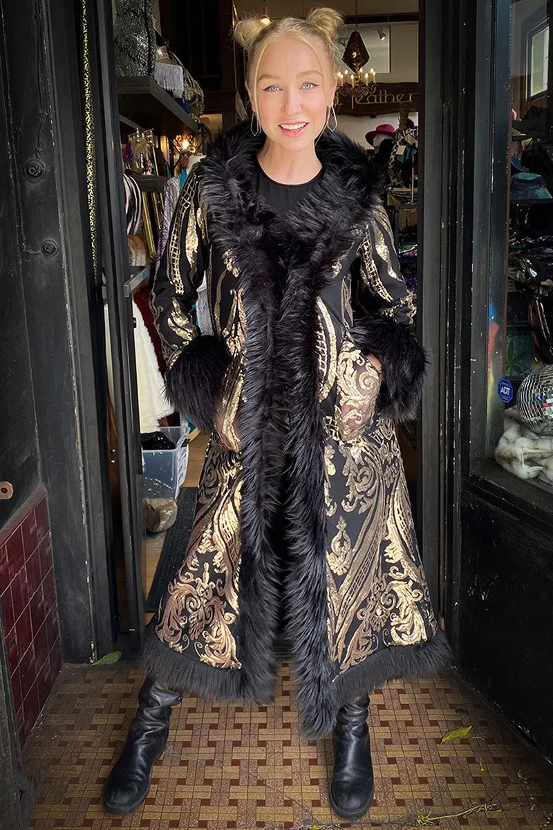 Deluxe Tamo Coat: Gold Baroque Sequin   Black Faux Fur Trim