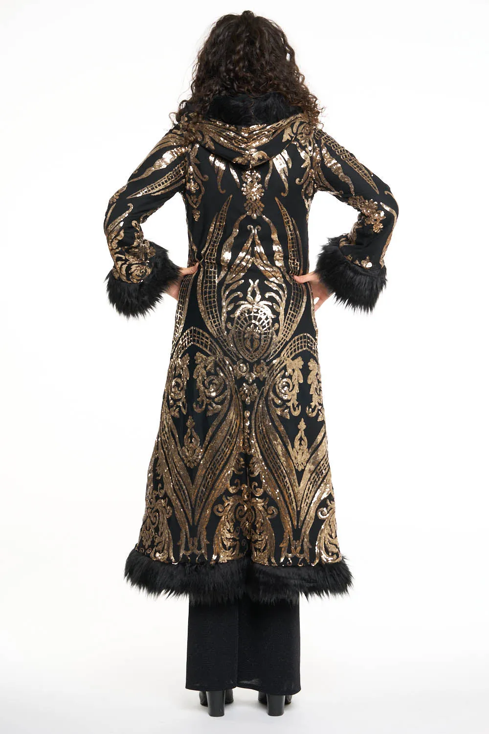 Deluxe Tamo Coat: Gold Baroque Sequin   Black Faux Fur Trim