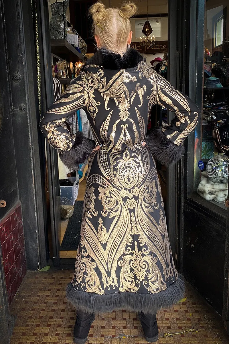 Deluxe Tamo Coat: Gold Baroque Sequin   Black Faux Fur Trim