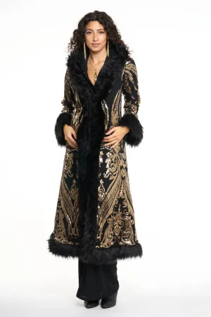 Deluxe Tamo Coat: Gold Baroque Sequin   Black Faux Fur Trim