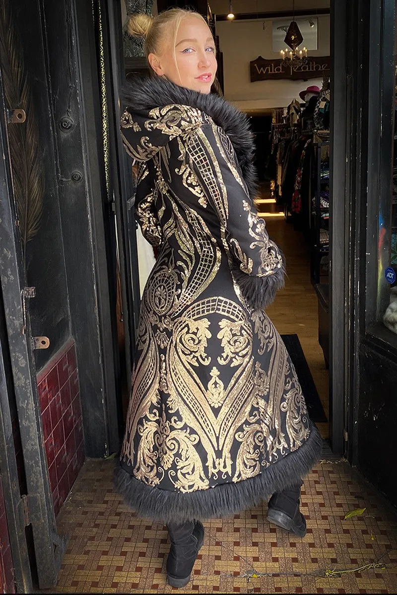 Deluxe Tamo Coat: Gold Baroque Sequin   Black Faux Fur Trim