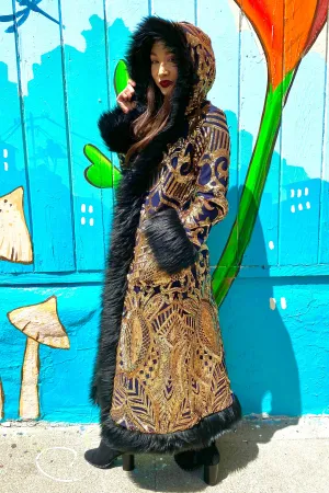 Deluxe Tamo Coat: Gold Nouveau Sequin   Black Faux Fur Trim