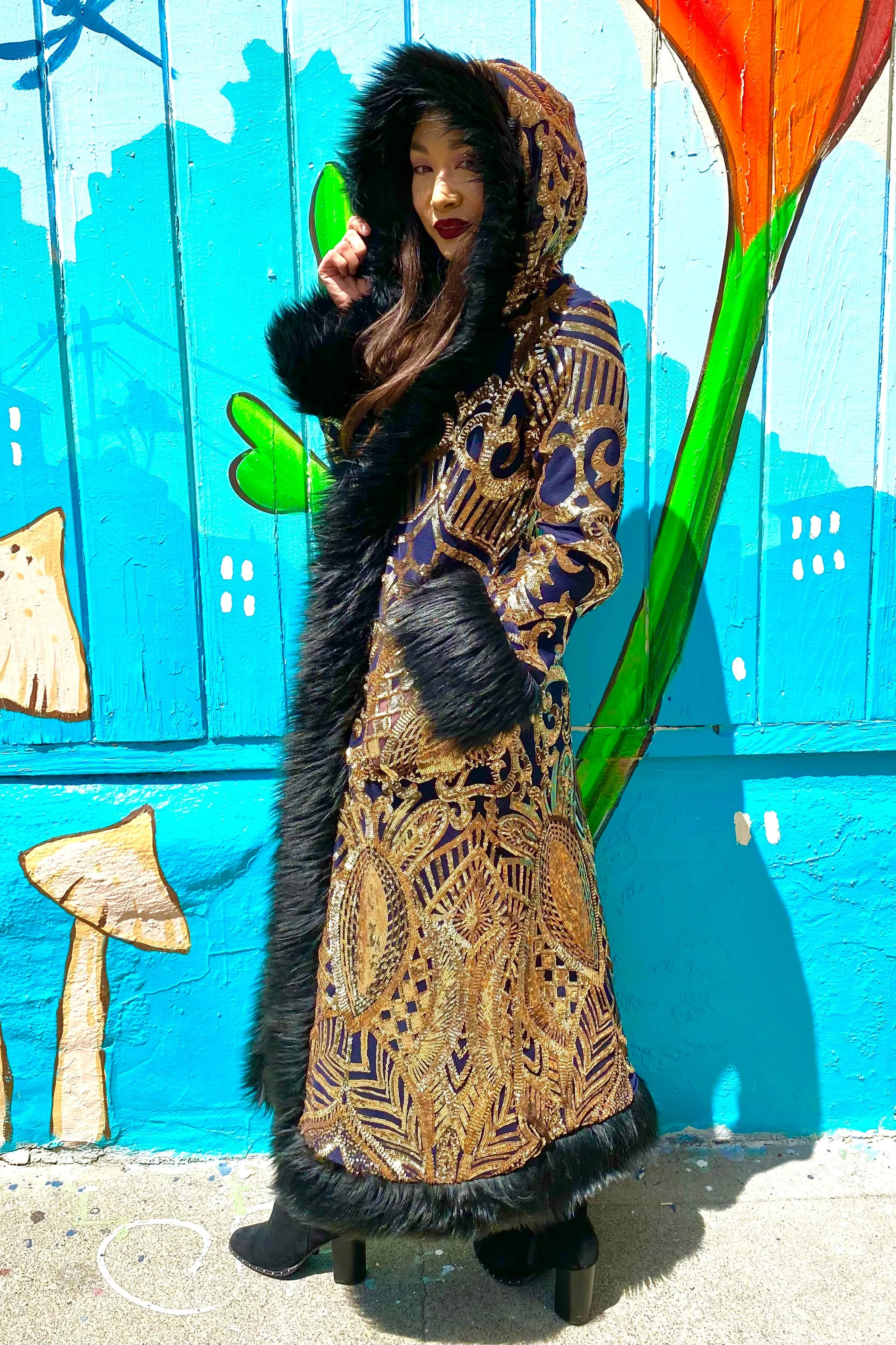 Deluxe Tamo Coat: Gold Nouveau Sequin   Black Faux Fur Trim