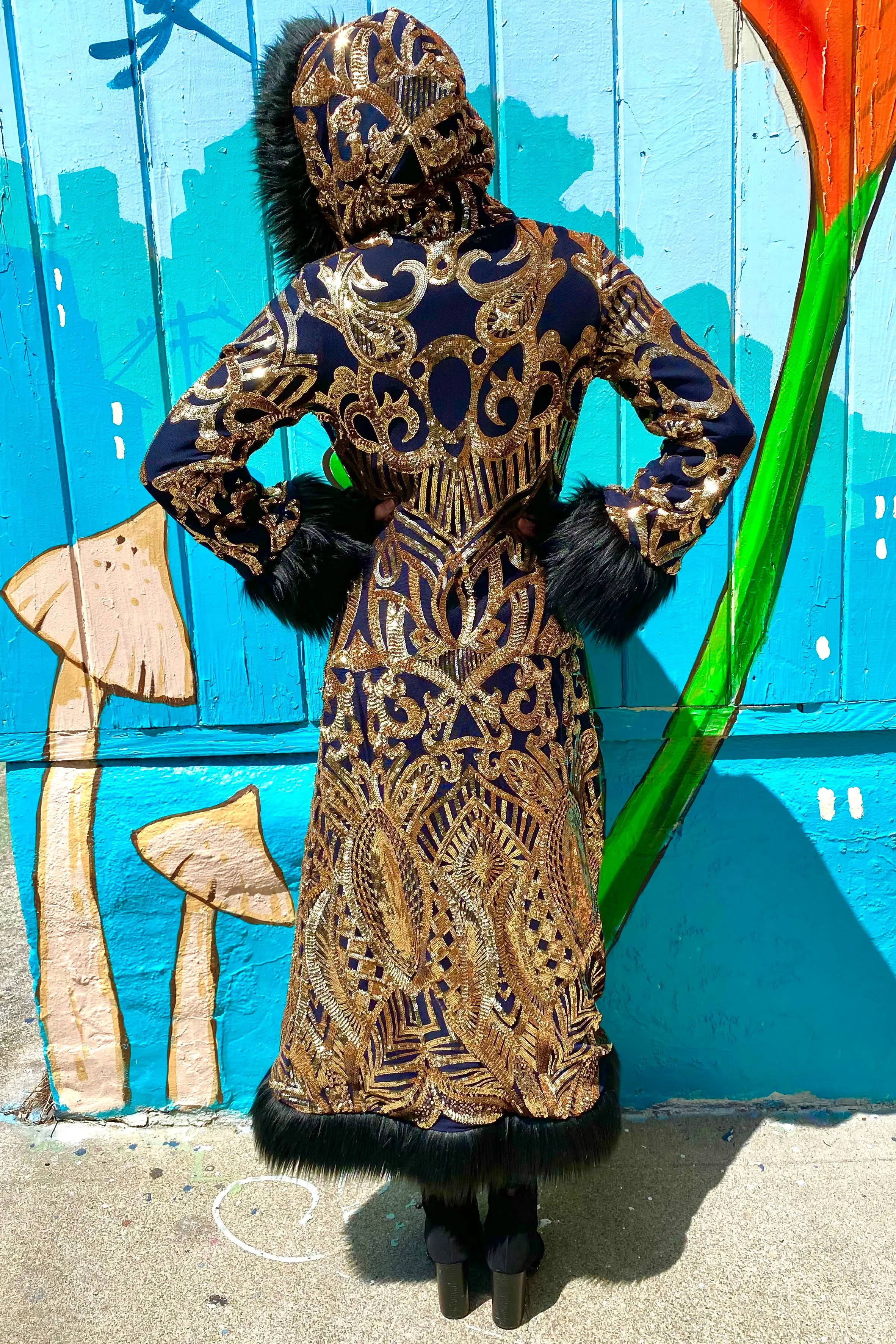 Deluxe Tamo Coat: Gold Nouveau Sequin   Black Faux Fur Trim