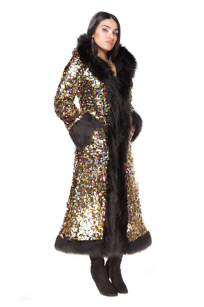 Deluxe Tamo Coat: Golden Rainbow   Black Faux Fur Trim