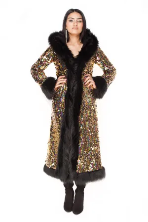 Deluxe Tamo Coat: Golden Rainbow   Black Faux Fur Trim