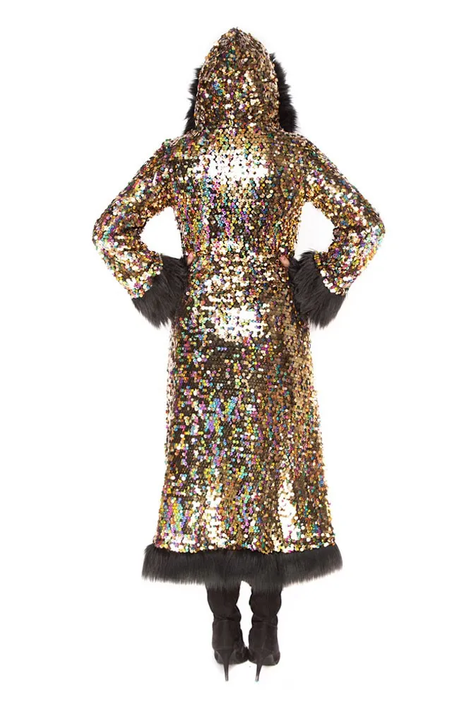 Deluxe Tamo Coat: Golden Rainbow   Black Faux Fur Trim