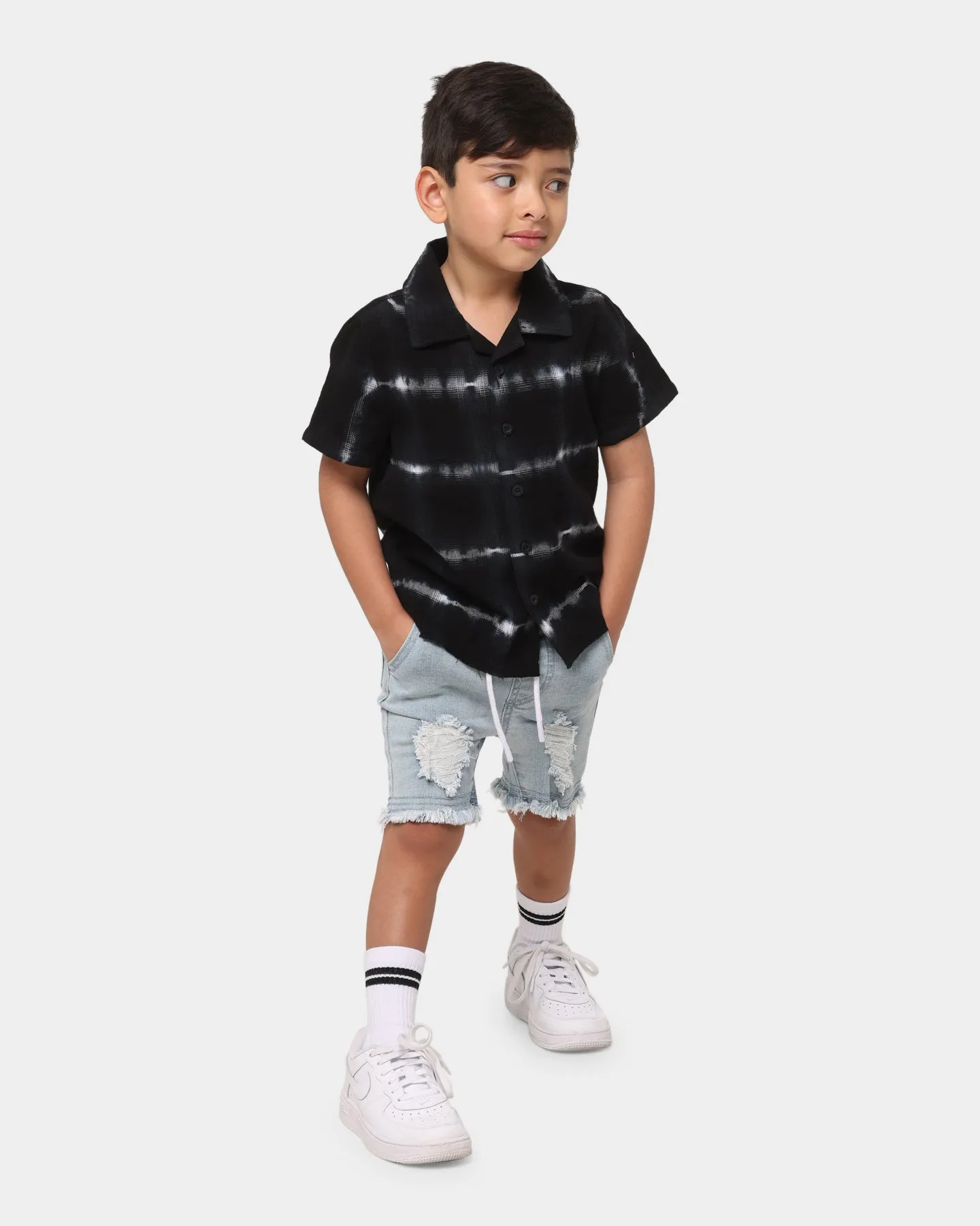 EN ES Kids Kids' Freyed Button Up Short Sleeve Shirt Black/White