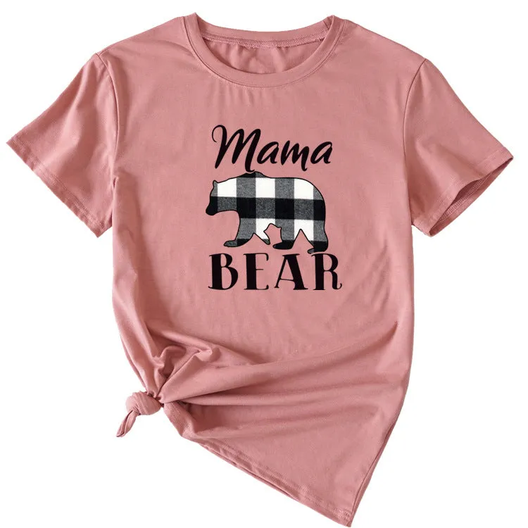 Fashion Jacket Mama Bear Pattern Ladies Round Neck Short Sleeve T-shirt