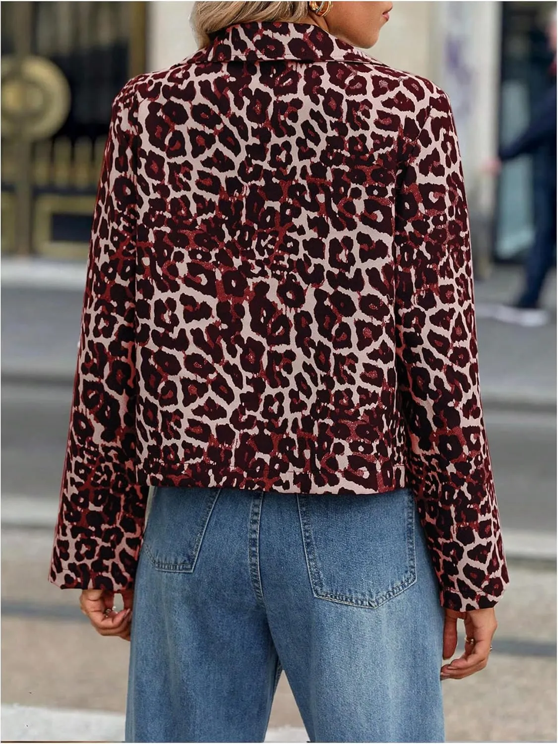 Floerns Women's Leopard Print Collared Neck Jacket Puff Long Sleeve Button Down Outwear