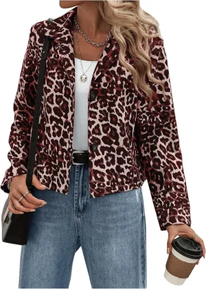 Floerns Women's Leopard Print Collared Neck Jacket Puff Long Sleeve Button Down Outwear