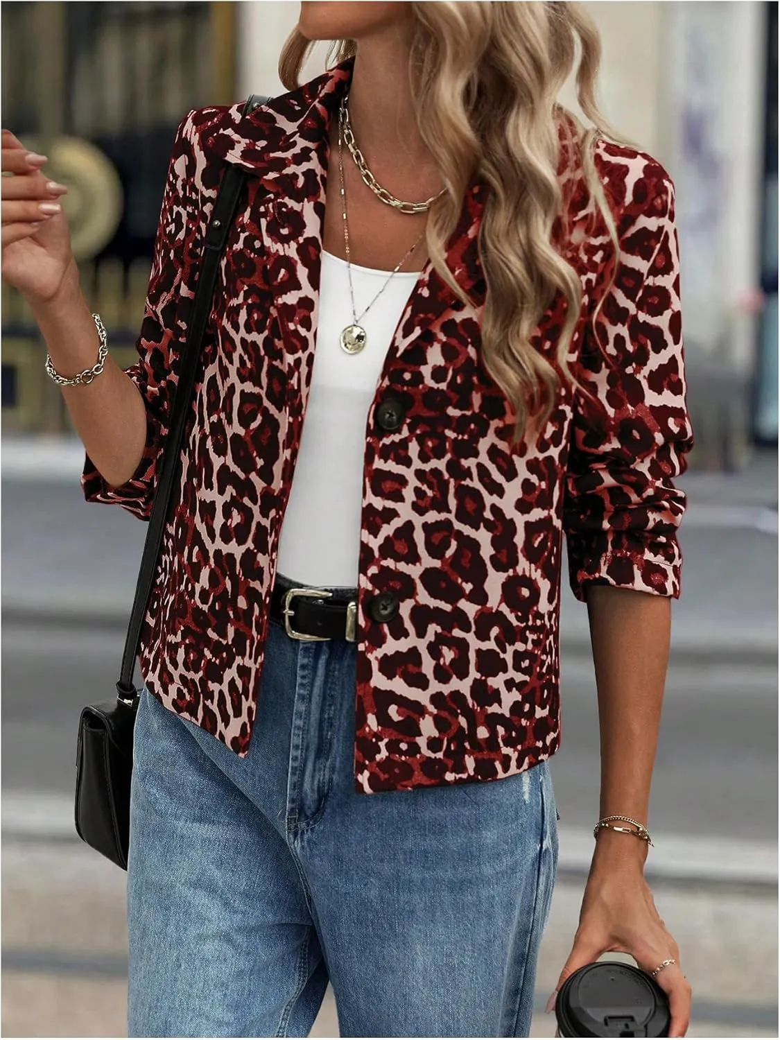 Floerns Women's Leopard Print Collared Neck Jacket Puff Long Sleeve Button Down Outwear